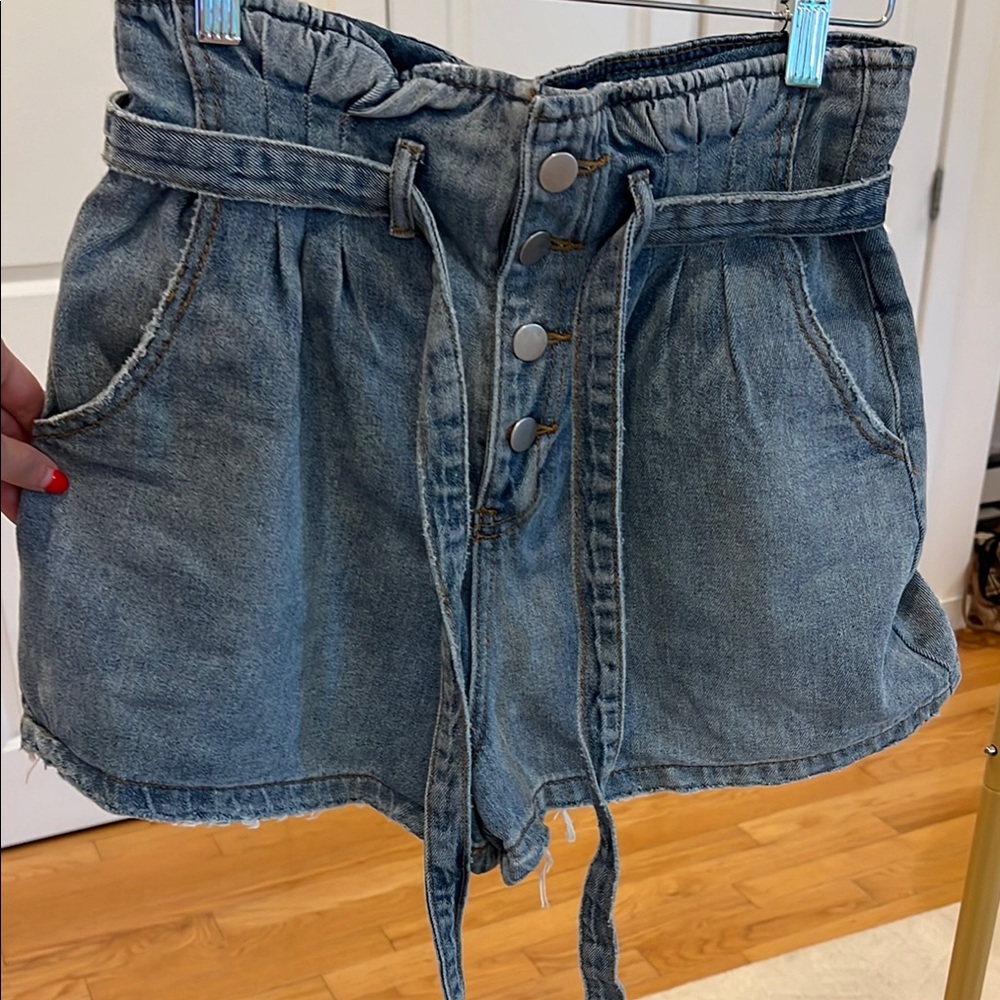 High Waist Blue Denim Paper Bag Shorts